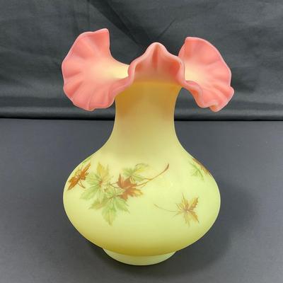 -36- URANIUM | Fenton Burmese Leaf Decorated Ruffled Edge Vase