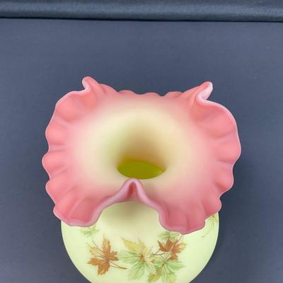 -36- URANIUM | Fenton Burmese Leaf Decorated Ruffled Edge Vase