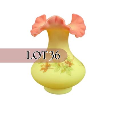 -36- URANIUM | Fenton Burmese Leaf Decorated Ruffled Edge Vase