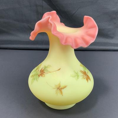 -36- URANIUM | Fenton Burmese Leaf Decorated Ruffled Edge Vase