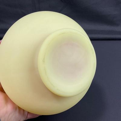 -36- URANIUM | Fenton Burmese Leaf Decorated Ruffled Edge Vase