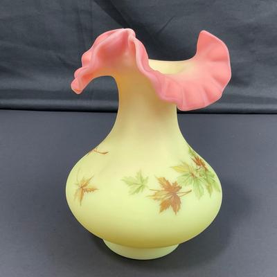 -36- URANIUM | Fenton Burmese Leaf Decorated Ruffled Edge Vase