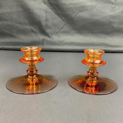 -37- FOSTORIA | Amber Glass Console Bowl & Candlestick Holders