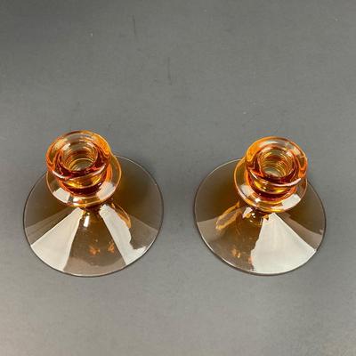 -37- FOSTORIA | Amber Glass Console Bowl & Candlestick Holders