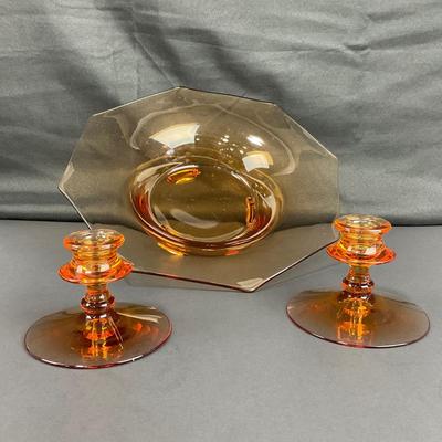 -37- FOSTORIA | Amber Glass Console Bowl & Candlestick Holders