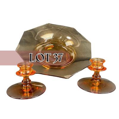 -37- FOSTORIA | Amber Glass Console Bowl & Candlestick Holders