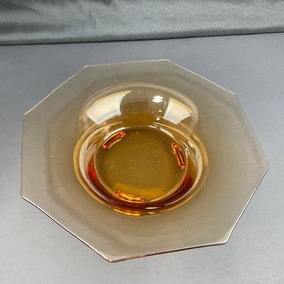 -37- FOSTORIA | Amber Glass Console Bowl & Candlestick Holders