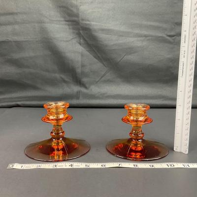 -37- FOSTORIA | Amber Glass Console Bowl & Candlestick Holders