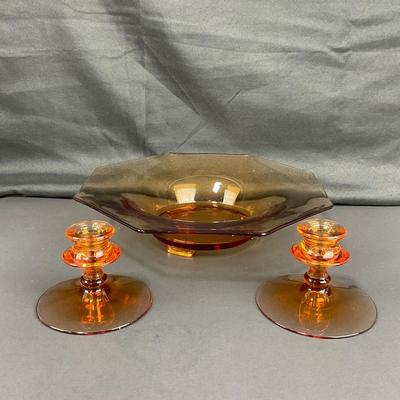 -37- FOSTORIA | Amber Glass Console Bowl & Candlestick Holders