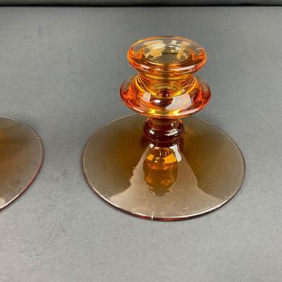 -37- FOSTORIA | Amber Glass Console Bowl & Candlestick Holders