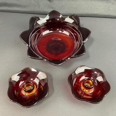 -38- FENTON | Nymph Amberina Console Bowl & Candlestick Holders