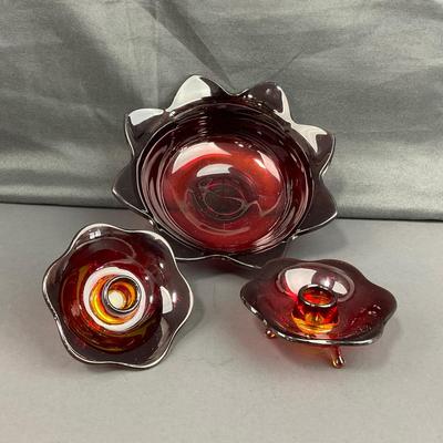 -38- FENTON | Nymph Amberina Console Bowl & Candlestick Holders