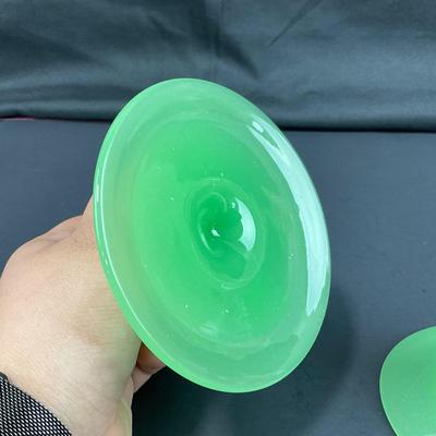 -39- FENTON | Jade Green Rolled Rim Console Bowl & Candle Stick Holders