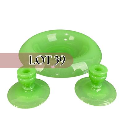 -39- FENTON | Jade Green Rolled Rim Console Bowl & Candle Stick Holders