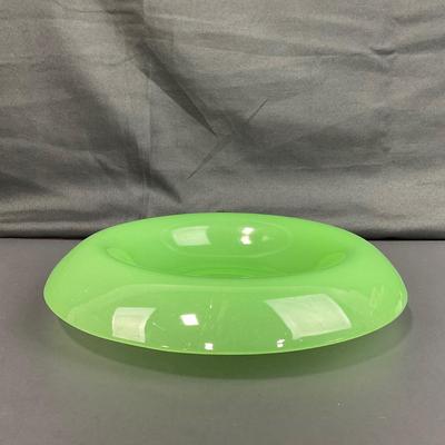 -39- FENTON | Jade Green Rolled Rim Console Bowl & Candle Stick Holders