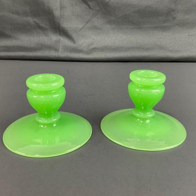 -39- FENTON | Jade Green Rolled Rim Console Bowl & Candle Stick Holders