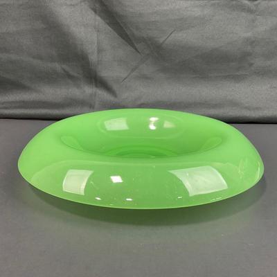 -39- FENTON | Jade Green Rolled Rim Console Bowl & Candle Stick Holders
