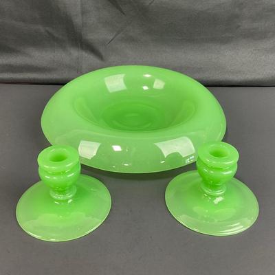 -39- FENTON | Jade Green Rolled Rim Console Bowl & Candle Stick Holders