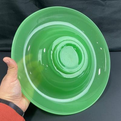 -39- FENTON | Jade Green Rolled Rim Console Bowl & Candle Stick Holders