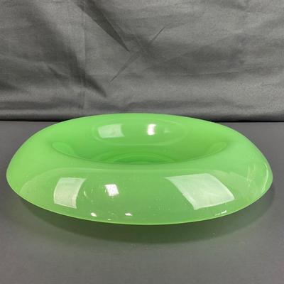 -39- FENTON | Jade Green Rolled Rim Console Bowl & Candle Stick Holders
