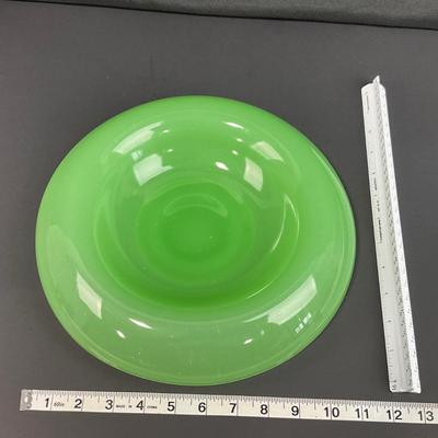 -39- FENTON | Jade Green Rolled Rim Console Bowl & Candle Stick Holders