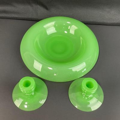 -39- FENTON | Jade Green Rolled Rim Console Bowl & Candle Stick Holders
