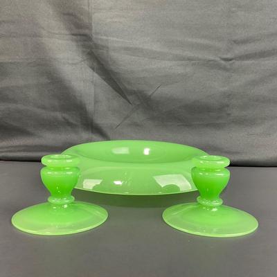 -39- FENTON | Jade Green Rolled Rim Console Bowl & Candle Stick Holders