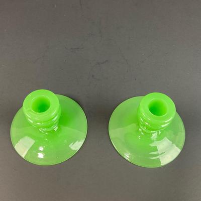 -39- FENTON | Jade Green Rolled Rim Console Bowl & Candle Stick Holders