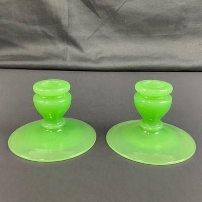 -39- FENTON | Jade Green Rolled Rim Console Bowl & Candle Stick Holders