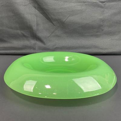 -39- FENTON | Jade Green Rolled Rim Console Bowl & Candle Stick Holders
