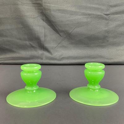 -39- FENTON | Jade Green Rolled Rim Console Bowl & Candle Stick Holders