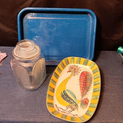 ROYAL COPENHAGEN SIGNED/NUMBERED PEACOCK PLATTER, RETRO CANISTER & GRANITE WARE BAKING PAN