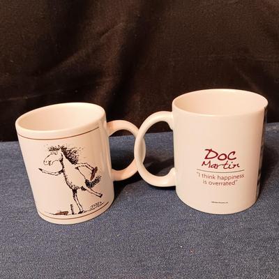 PEWTER PLATE W/WORDS, HORSE W/SALT & PEPPER SADDLE BAG SHAKERS AND 2 MUGS