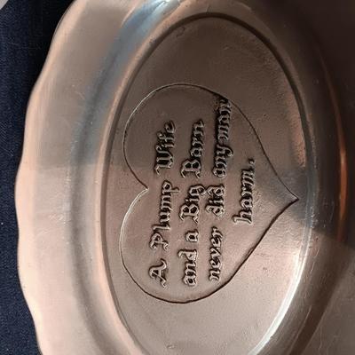 PEWTER PLATE W/WORDS, HORSE W/SALT & PEPPER SADDLE BAG SHAKERS AND 2 MUGS