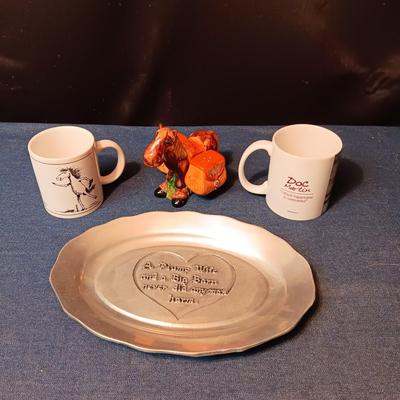 PEWTER PLATE W/WORDS, HORSE W/SALT & PEPPER SADDLE BAG SHAKERS AND 2 MUGS