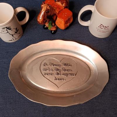 PEWTER PLATE W/WORDS, HORSE W/SALT & PEPPER SADDLE BAG SHAKERS AND 2 MUGS