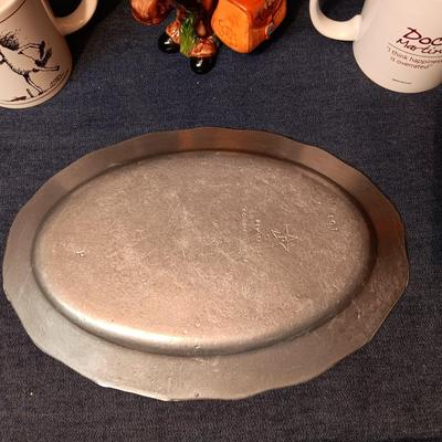 PEWTER PLATE W/WORDS, HORSE W/SALT & PEPPER SADDLE BAG SHAKERS AND 2 MUGS