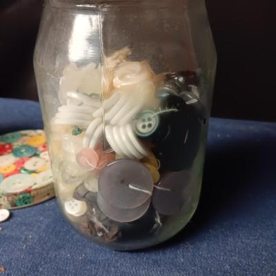 JAR AND CAN OF BUTTONS