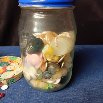 JAR AND CAN OF BUTTONS