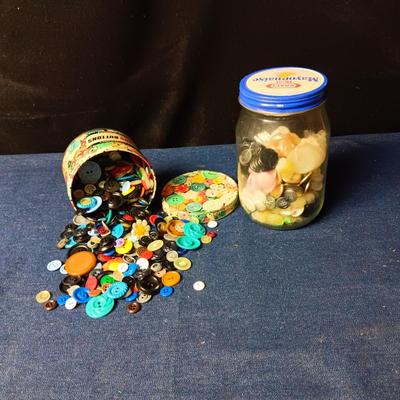 JAR AND CAN OF BUTTONS