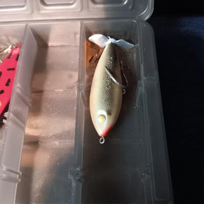 FISHING LURES AND A DOUBLE COMPARTMENT PLANO ORGANIZER
