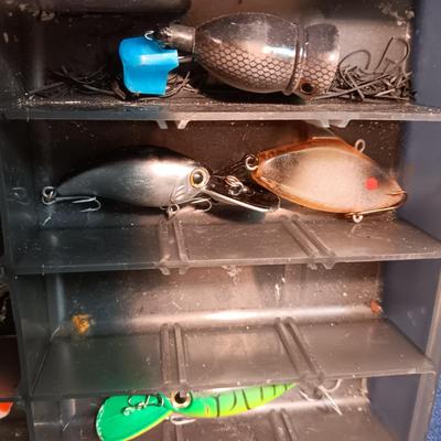 FISHING LURES AND A DOUBLE COMPARTMENT PLANO ORGANIZER