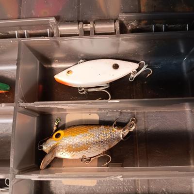 FISHING LURES AND A DOUBLE COMPARTMENT PLANO ORGANIZER