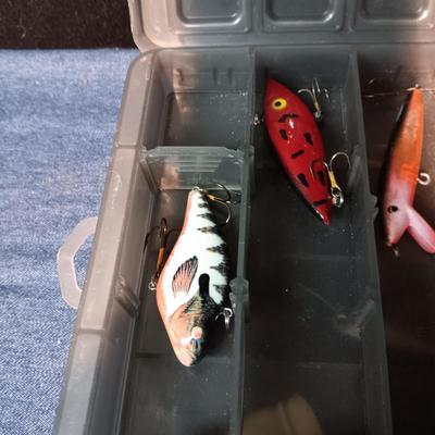 FISHING LURES AND A DOUBLE COMPARTMENT PLANO ORGANIZER