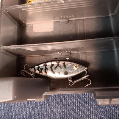 FISHING LURES AND A DOUBLE COMPARTMENT PLANO ORGANIZER