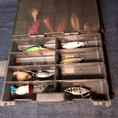 FISHING LURES AND A DOUBLE COMPARTMENT PLANO ORGANIZER