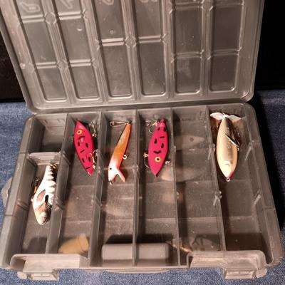 FISHING LURES AND A DOUBLE COMPARTMENT PLANO ORGANIZER