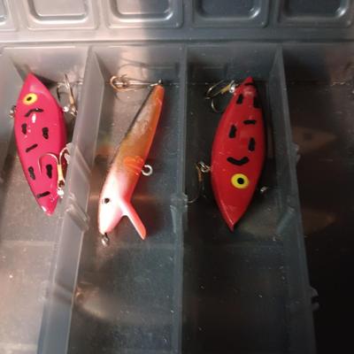 FISHING LURES AND A DOUBLE COMPARTMENT PLANO ORGANIZER