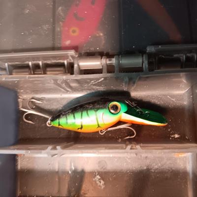 FISHING LURES AND A DOUBLE COMPARTMENT PLANO ORGANIZER