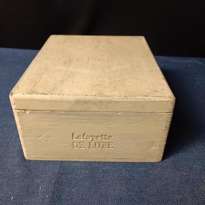 SEVERAL BOOKS AND SINGLE S & H GREEN STAMPS IN A WOODEN CIGAR BOX
